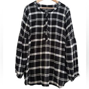 Talbots Plaid Popover Blouse Black White Puff Sleeve Light Flannel Preppy Sz 2X